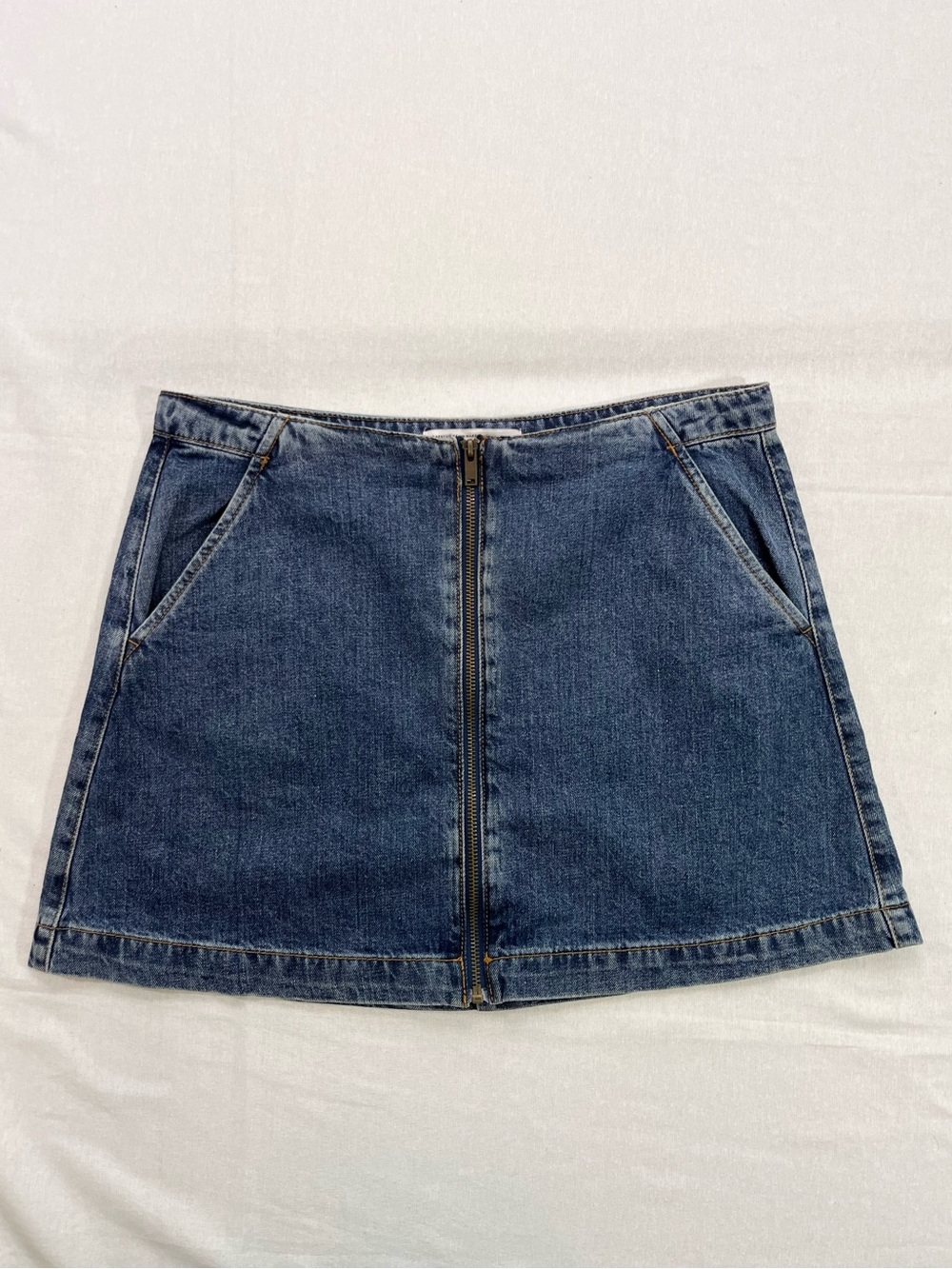 Zara Dark Blue A-Line Front-Zip Denim Mini Skirt With Pockets